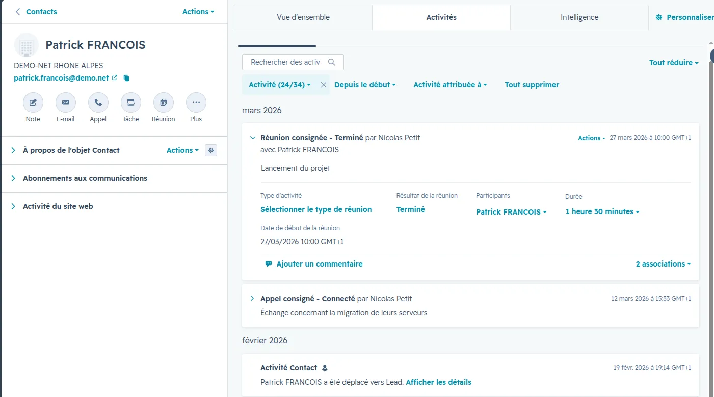 Journal d'activité d'une fiche contact HubSpot