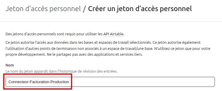 Airtable nommage du jeton personnel
