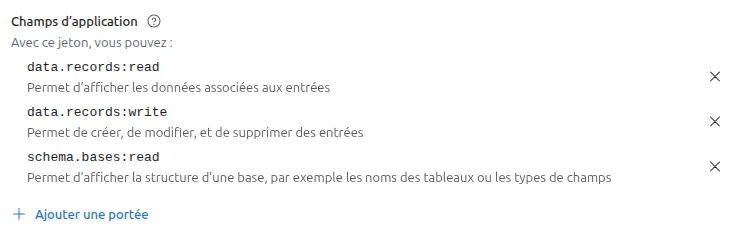 Airtable scope des jetons personnels