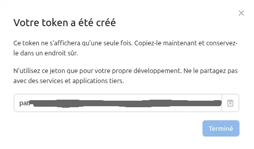 Airtable affichage du jeton personnel à copier