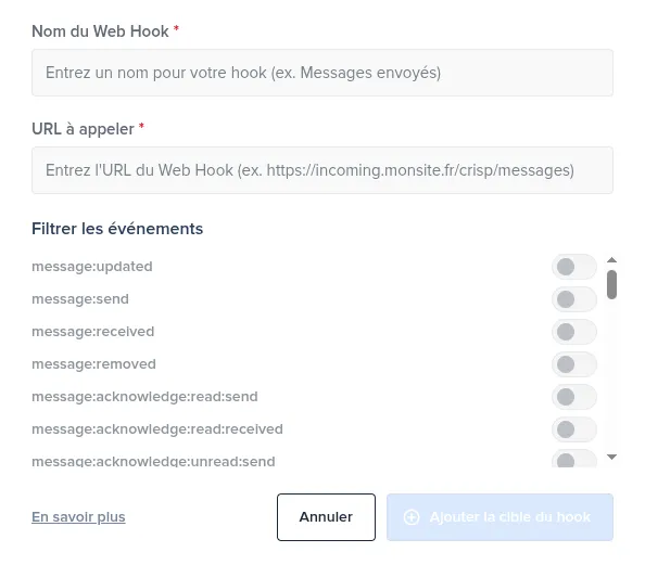 Interface de configuration d'un webhook Crisp présentant les champs pour le nom, l'URL de destination et la liste à cocher des événements à surveiller.
