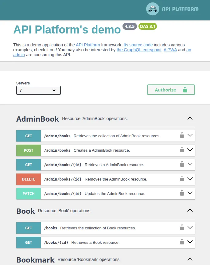Doc OpenAPI auto généré par ApiPlatform sur les endpoints