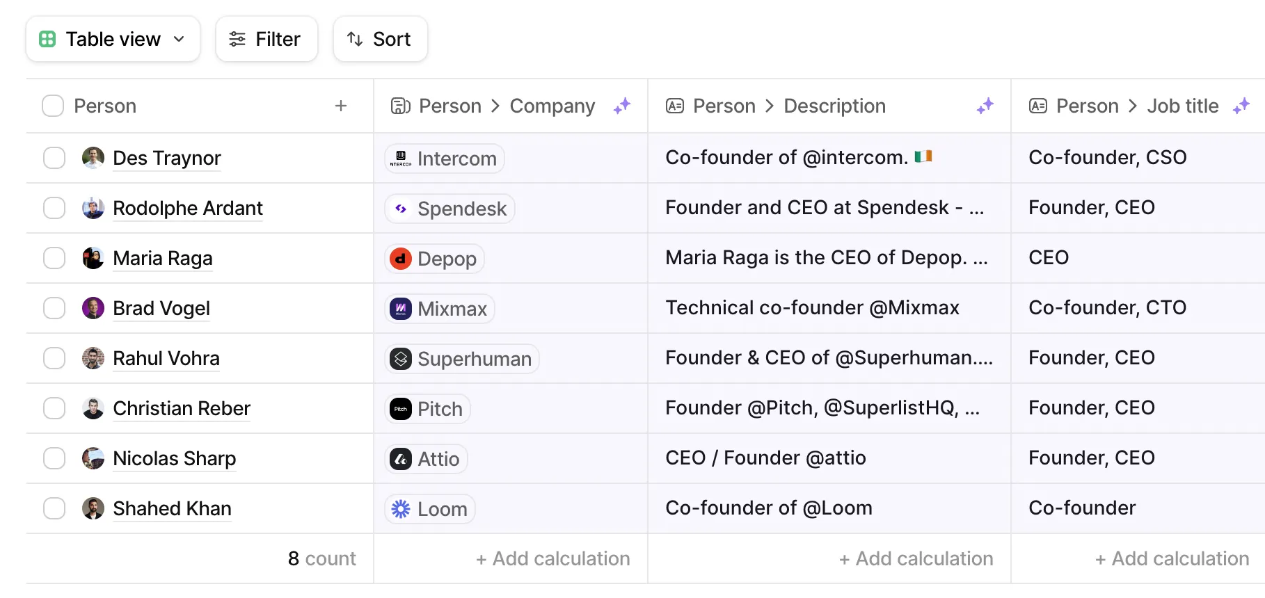 Interface Attio : vue liste de contacts avec attributs personnalisés et filtres avancés