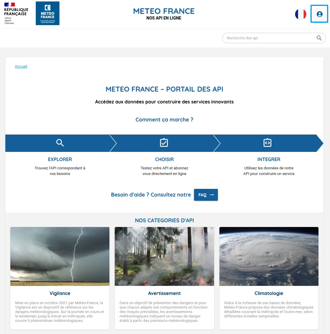 Interface du portail Météo France mettant en évidence le bouton d'accès au compte utilisateur