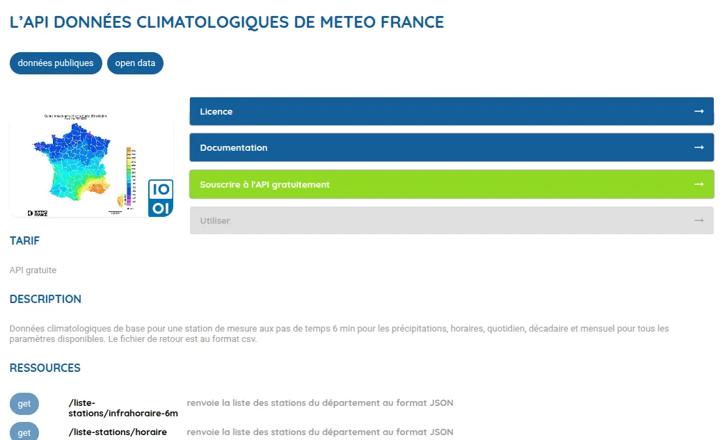 Bouton de souscription au plan gratuit de l'API Données Climatologiques sur le portail Météo France