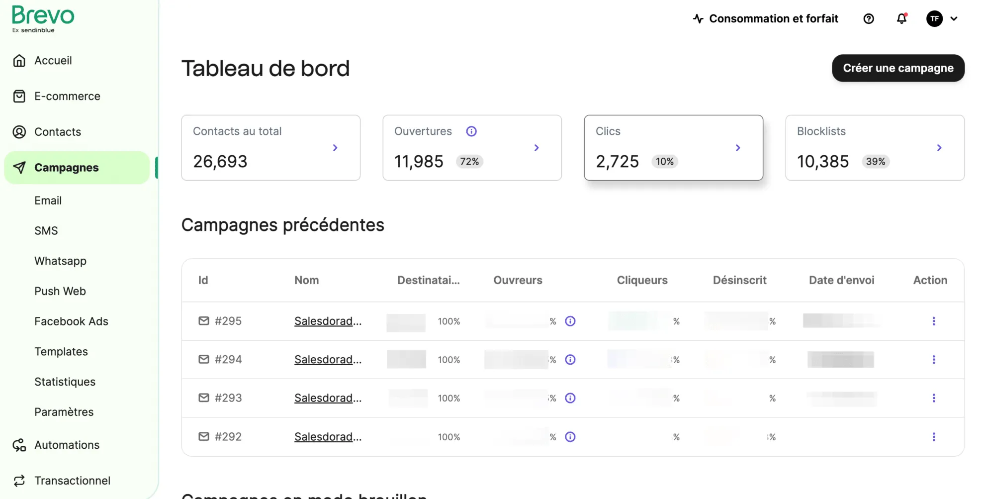 Interface Brevo : éditeur d'emails et tableau de bord de campagne