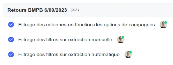 Checklist de retours nommée avec le projet et la date du point