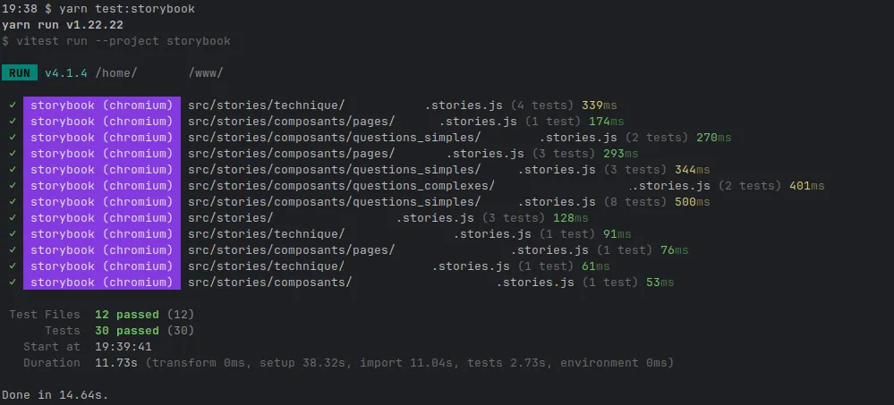 Terminal affichant l'exécution de la commande storybook test avec les résultats en CI