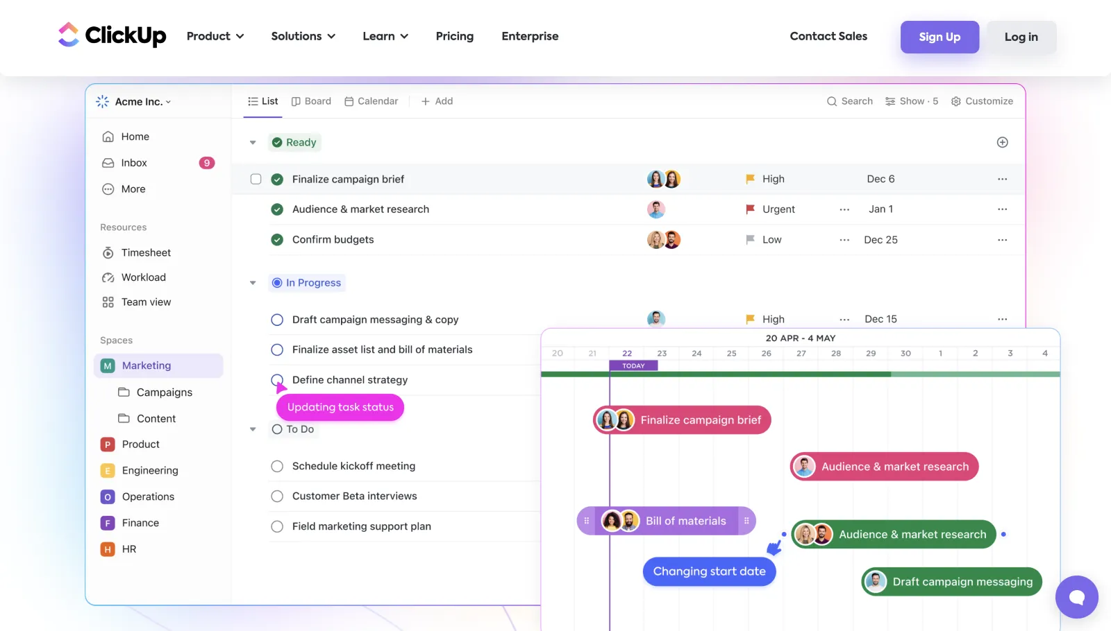 Interface ClickUp : vue liste de tâches avec champs personnalisés et statuts