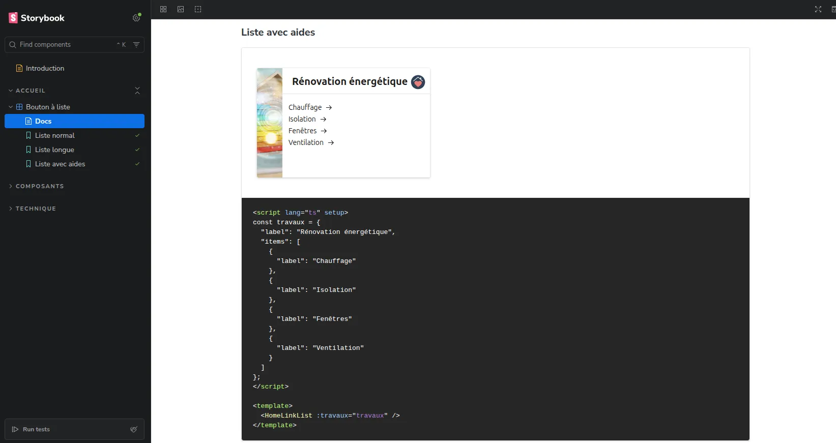 Page Docs d'une story Storybook avec Canvas et Controls