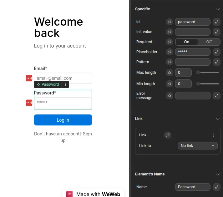 Panneau de configuration WeWeb d’un champ mot de passe : toutes les options disponibles sont affichées, y compris celles non nécessaires au cas précis