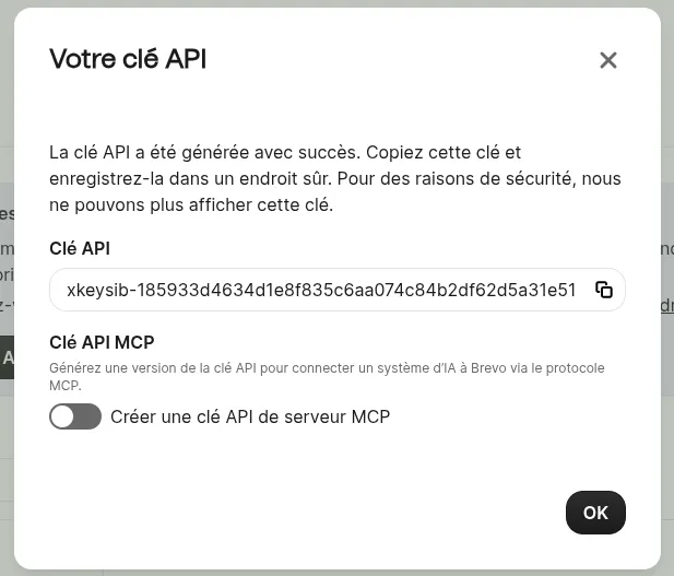 Copier la clé API Brevo xkeysib après génération : clic sur l'icône de copie pour sécuriser le token d'intégration.