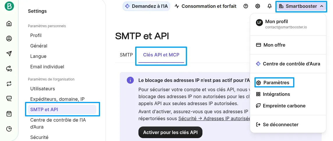 Configuration Brevo : accès à l'onglet Clés API et MCP dans le menu SMTP et API pour générer un jeton d'accès.