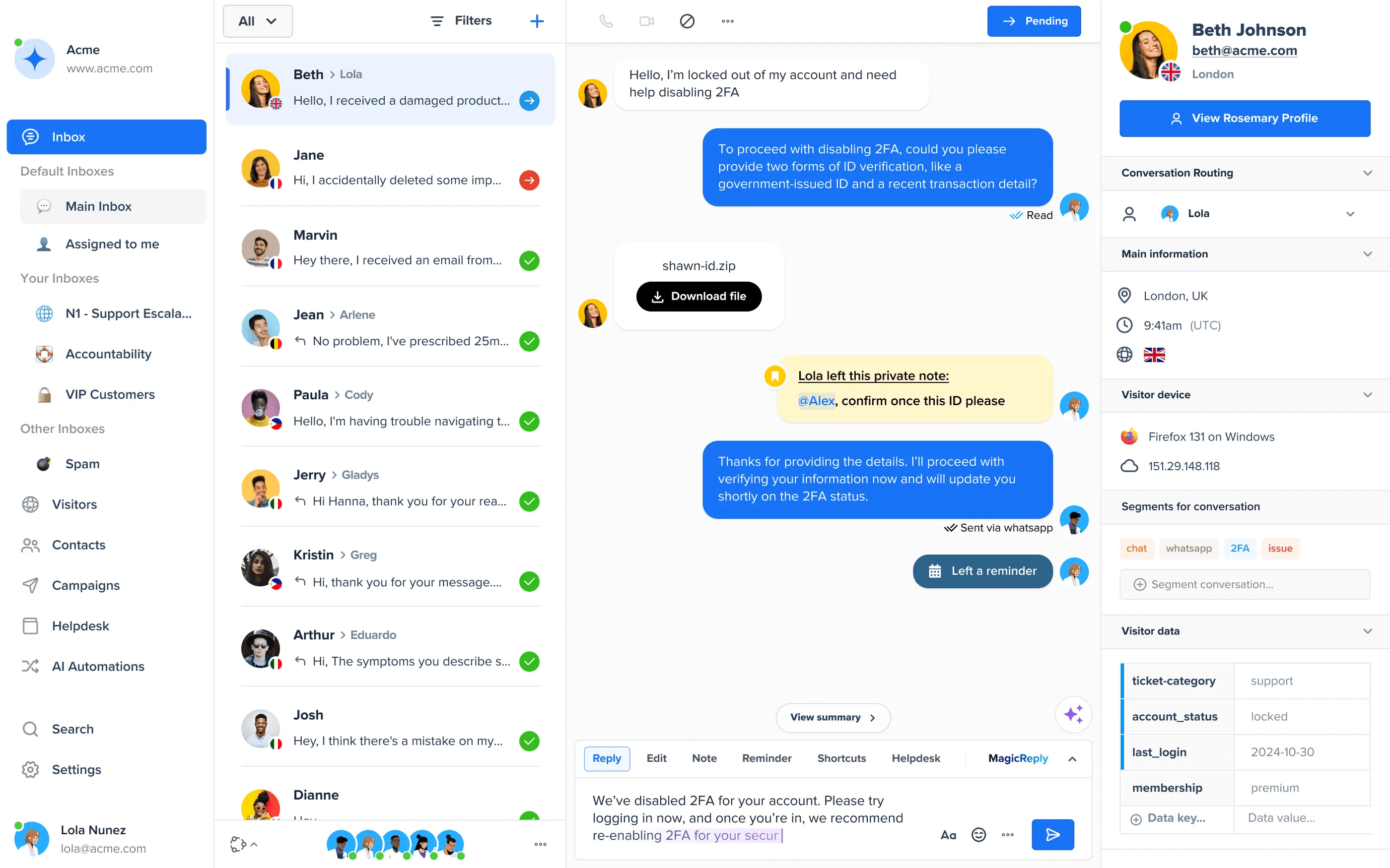Interface Crisp : inbox partagé et vue conversation avec données contact