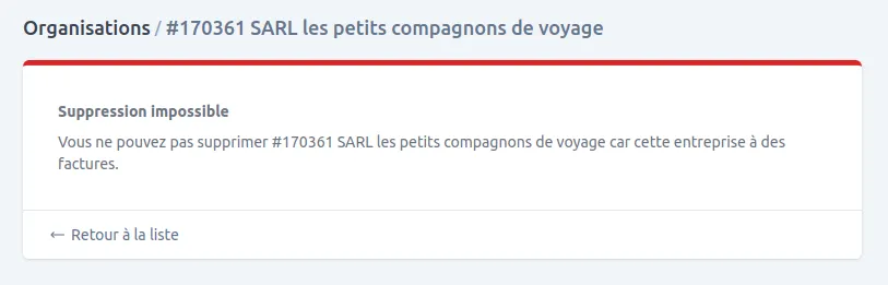 Suppression bloquée car l'entité est liée à d'autres données