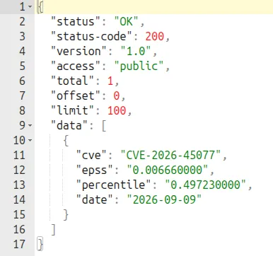Réponse JSON de l'API EPSS du FIRST pour CVE-2026-45077 : epss 0.00666, percentile 0.49723, date 2026-09-09