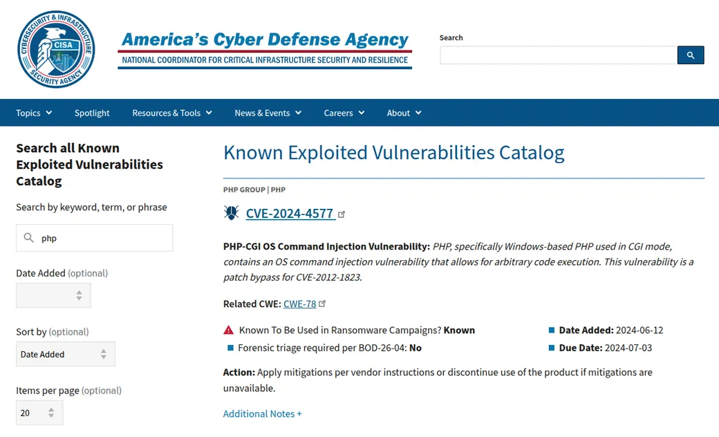 Catalogue KEV de la CISA : fiche de CVE-2024-4577, injection de commande dans PHP-CGI, usage constaté dans des campagnes de rançongiciel, date d'ajout et échéance de correction