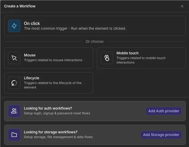 Menu de création de workflow dans WeWeb