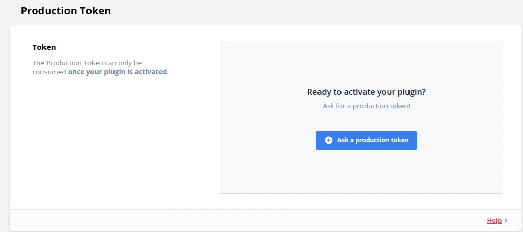 Capture d'écran de l'interface Crisp montrant le bouton 'Ask a production token' pour finaliser l'activation du plugin et soumettre les scopes à la validation.