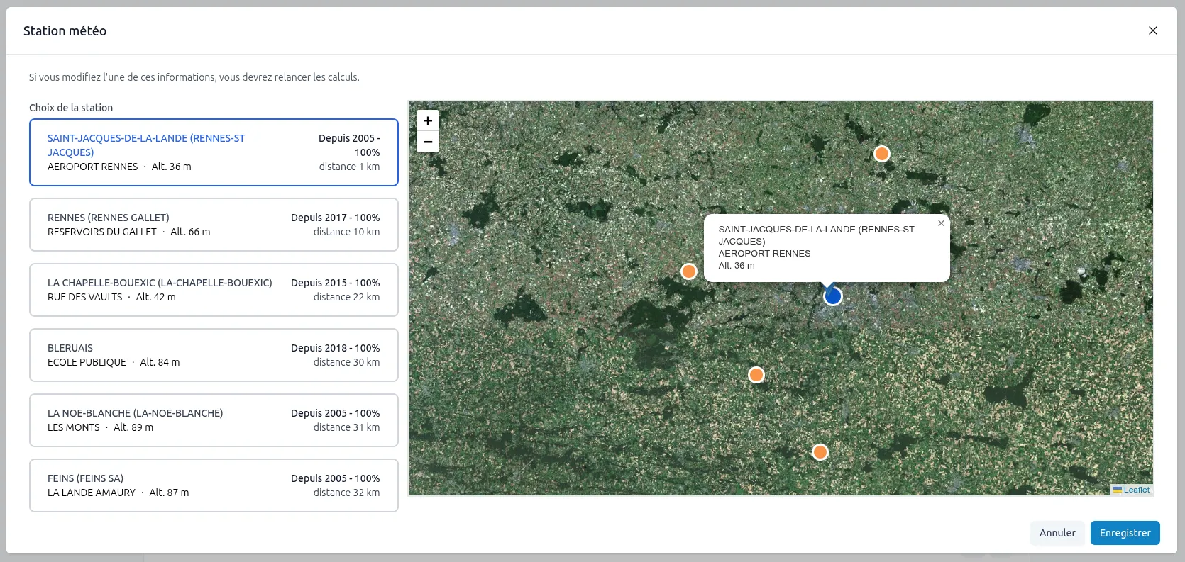 Interface Dimus : sélection de la station météo sur carte