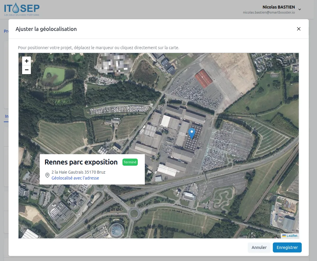 Carte de localisation du chantier avec repositionnement manuel