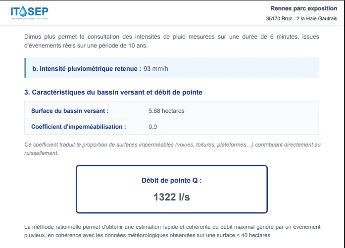 Rapport PDF de synthèse avec résultat du débit de pointe
