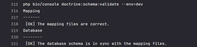 Capture d'écran du succès de la commande doctrine:schema:validate dans le terminal