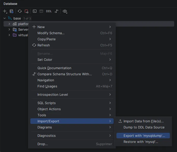 Export mysqldump dans PhpStorm