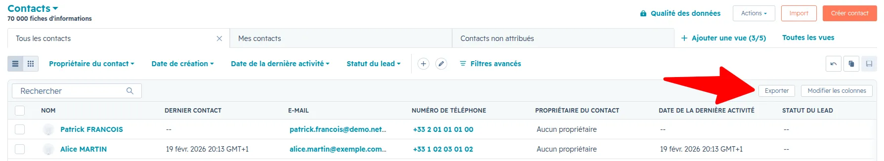 Explication bouton exporter liste des contacts