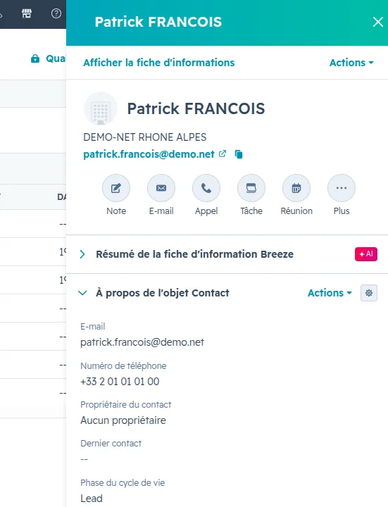 Fiche des propriétés d'un contact