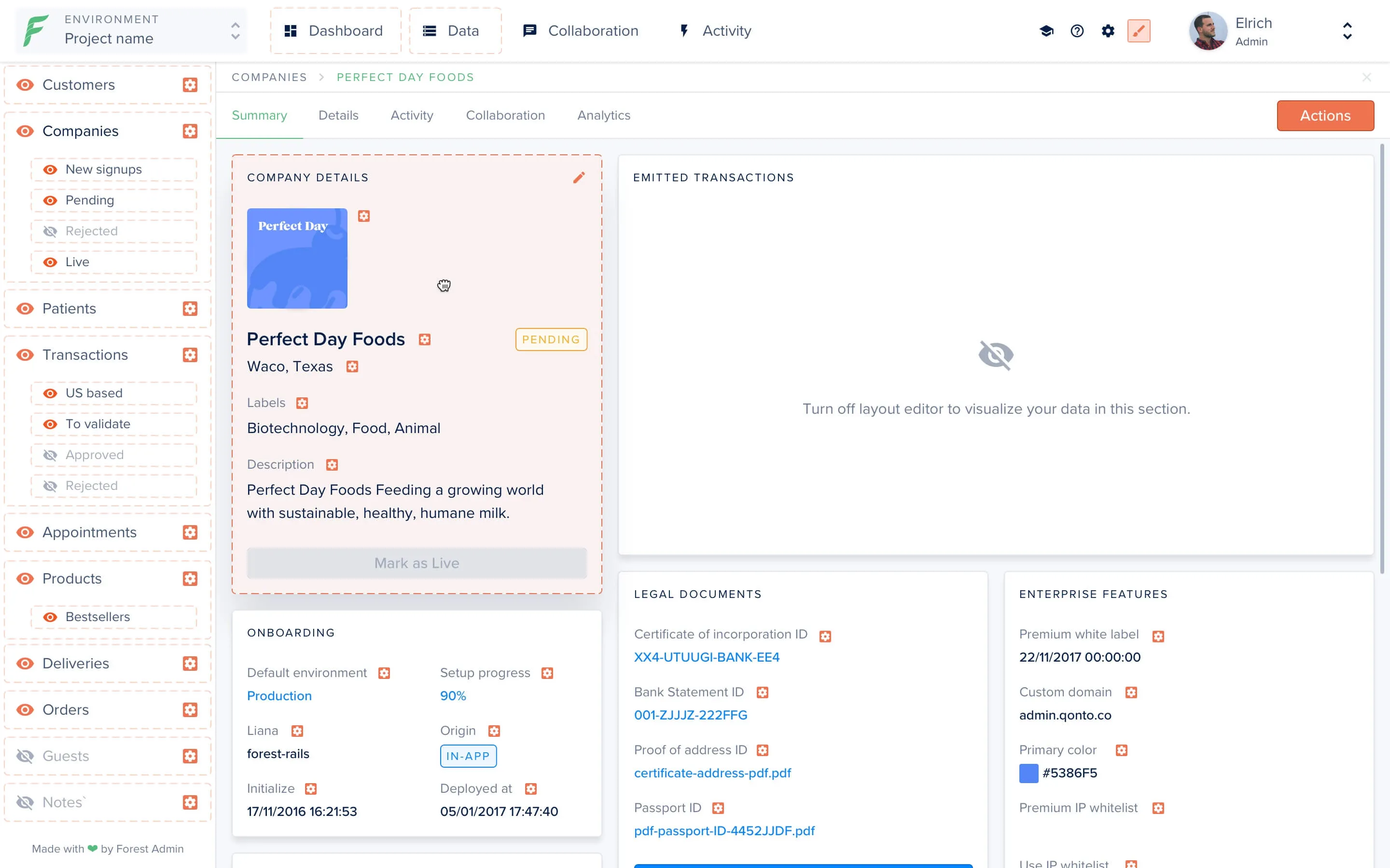 Interface Forest Admin : vue back-office avec liste d'enregistrements et panneau de détail