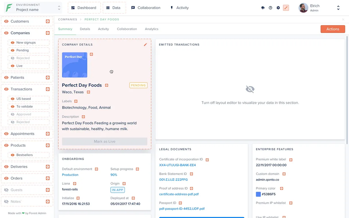 Interface Forest Admin : vue back-office avec liste d'enregistrements et panneau de détail