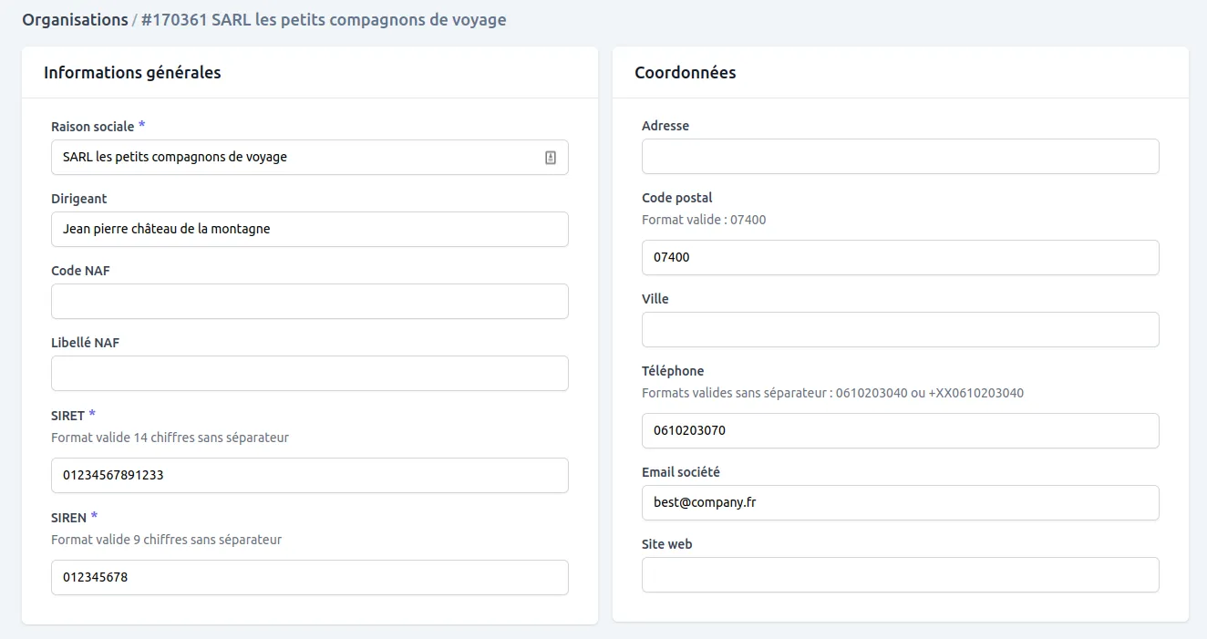 Formulaire d'édition avec blocs de champs groupés