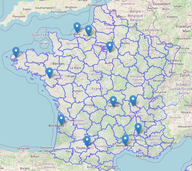 Carte de France avec marqueurs de points de vente