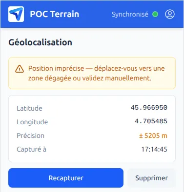 Capture GPS horodatée dans un logiciel métier : latitude, longitude, précision en mètres