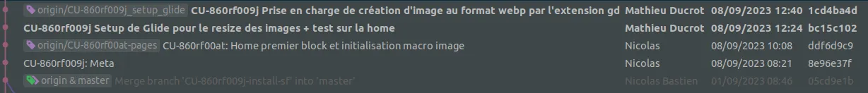 Graphe git montrant une branche tirée depuis la branche d'un autre développeur plutôt que depuis main
