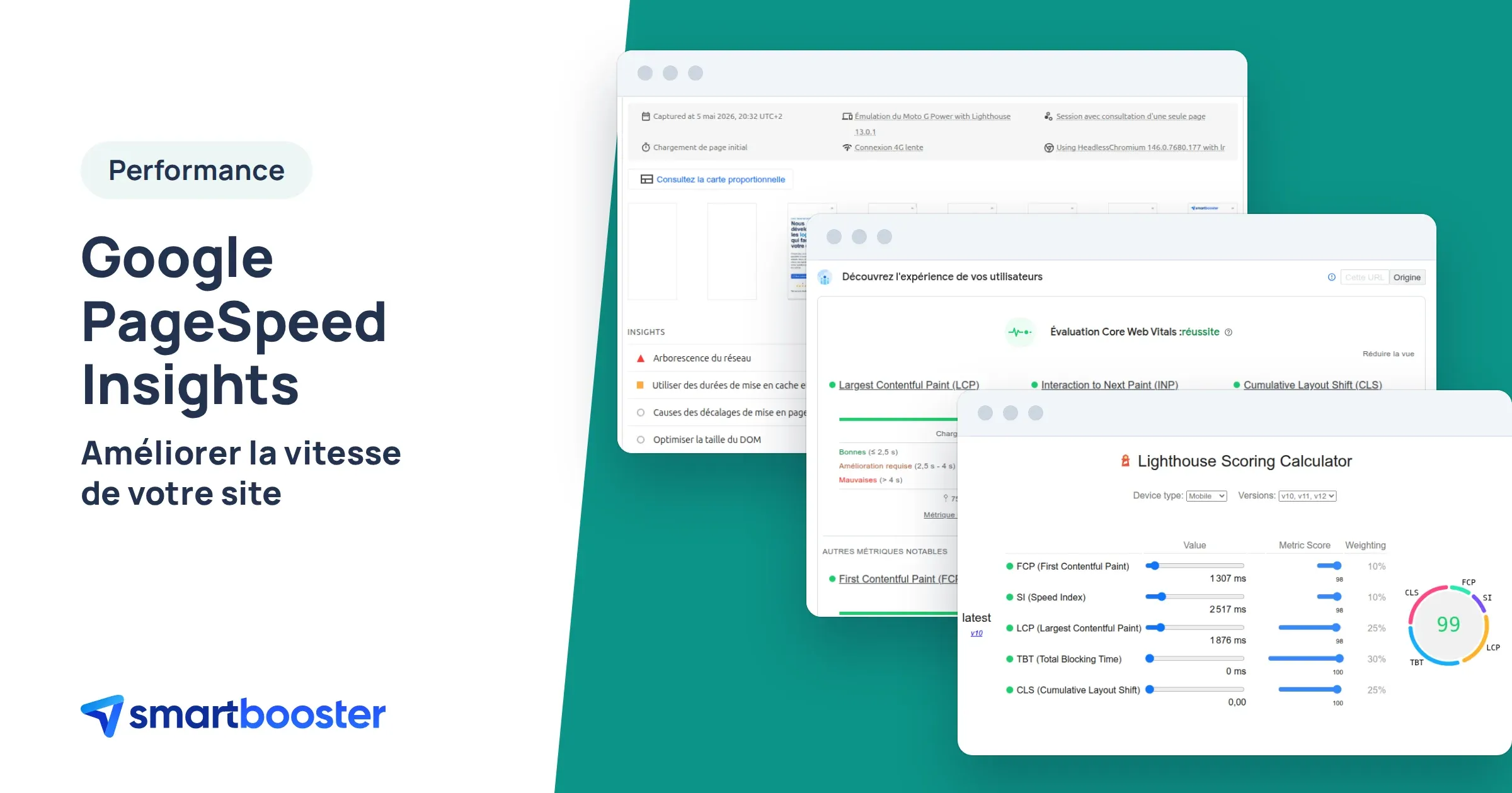 Captures de Google PageSpeed Insights : diagnostics, Core Web Vitals et calculateur de score Lighthouse