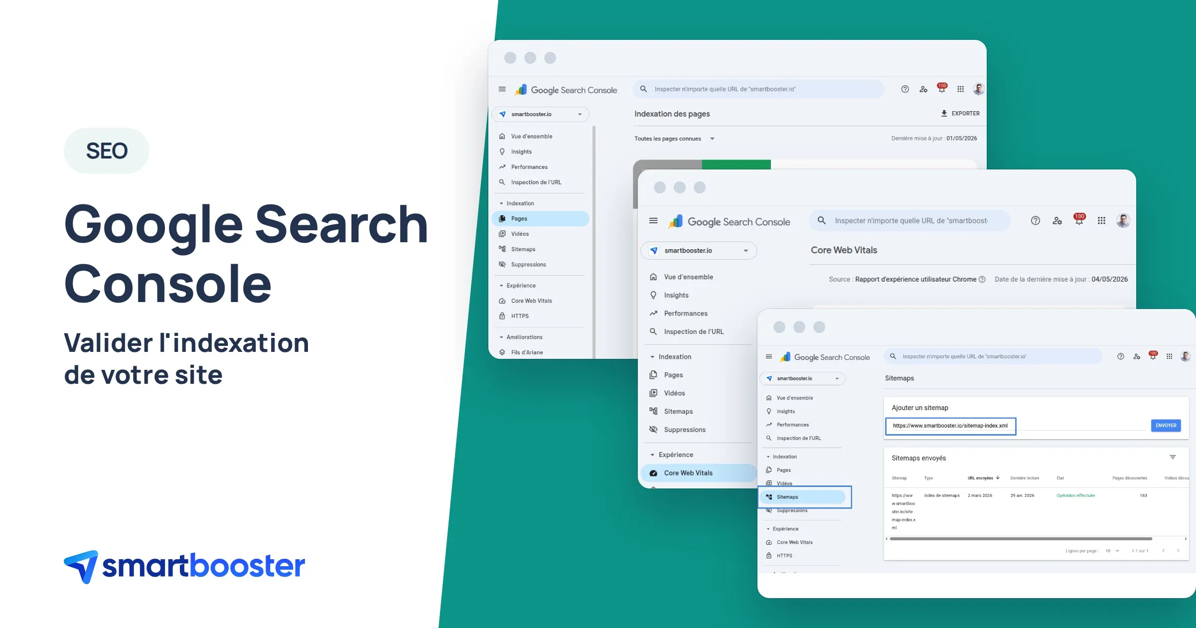 Captures de Google Search Console : indexation des pages, Core Web Vitals et ajout du sitemap