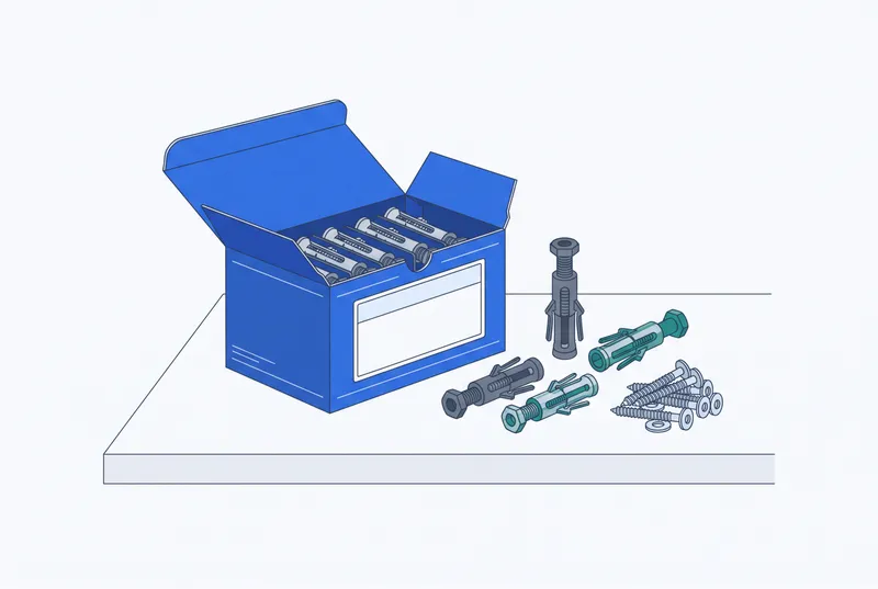 Boîte de chevilles de fixation métalliques posée sur un plan de travail d'atelier