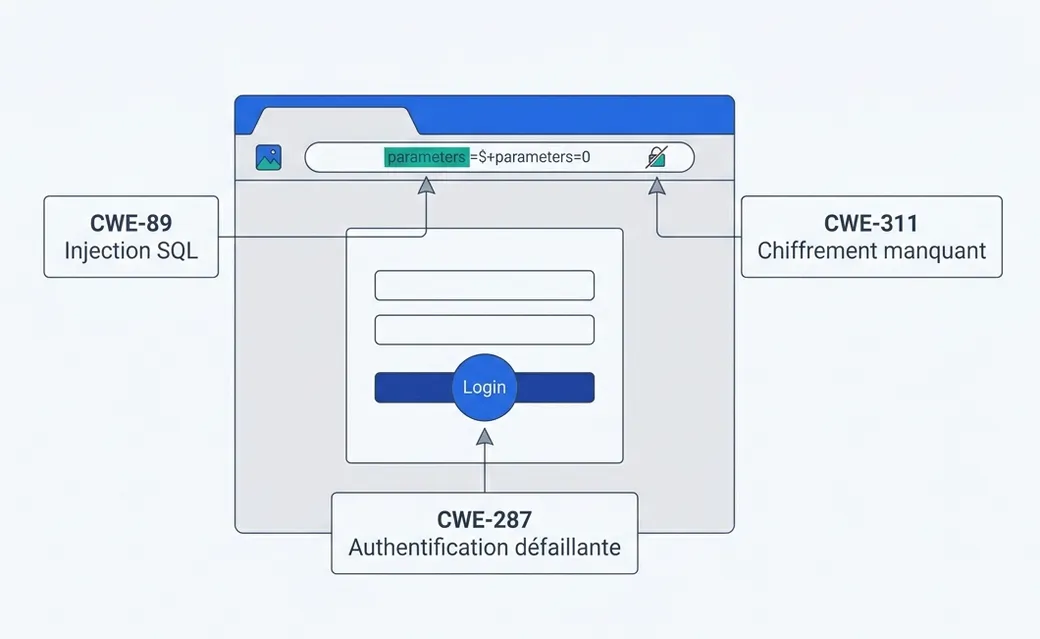 Écran d'application annoté : CWE-311 sur l'adresse en clair, CWE-89 sur un paramètre d'URL, CWE-287 et CWE-306 sur le formulaire de connexion