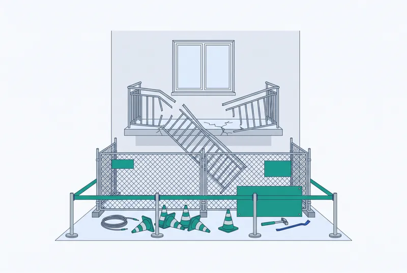 Garde-corps de balcon effondré au pied d'un immeuble, périmètre de sécurité en place
