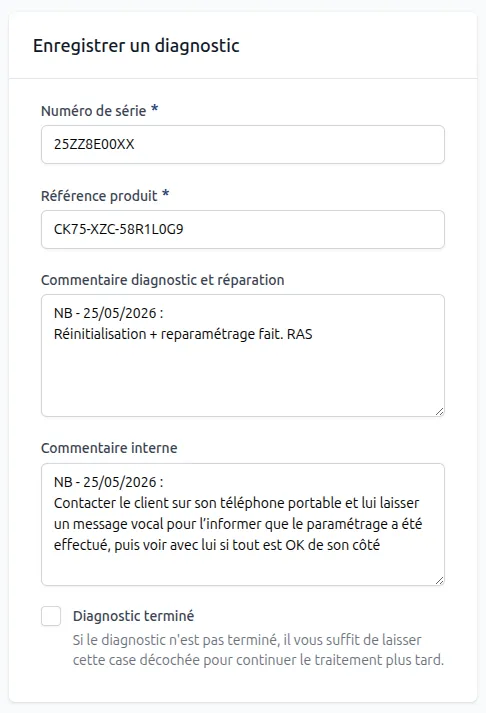 Formulaire de diagnostic iNova : champs conditionnels selon l'étape du dossier RMA