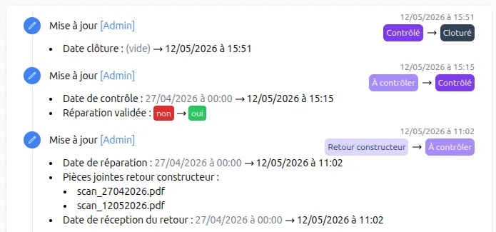 Historique d'un dossier RMA iNova : log des changements de statut avec horodatage