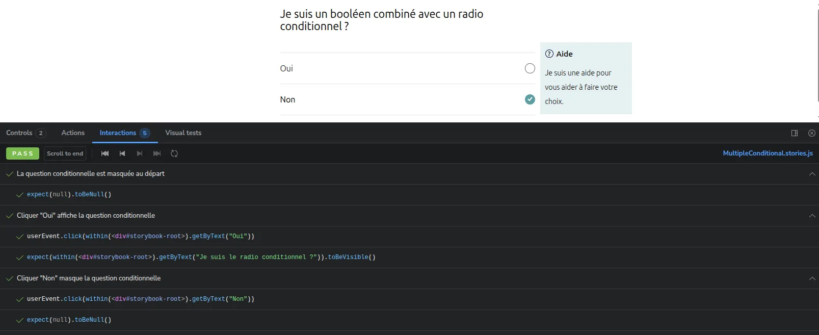 Panneau Interactions dans Storybook affichant les résultats de tests avec l'addon Vitest