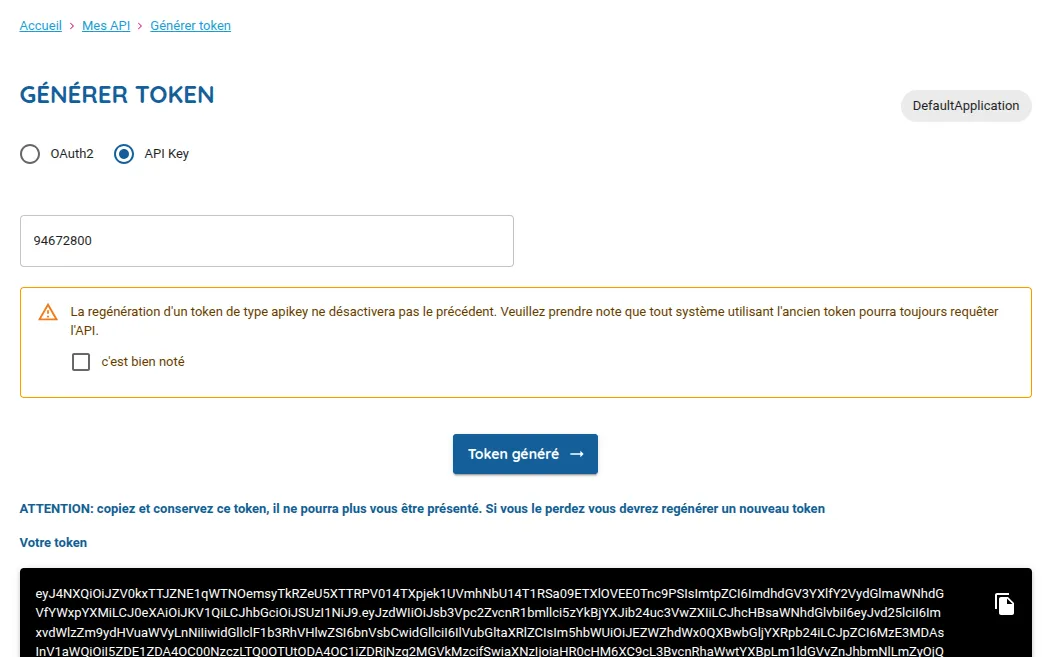 Interface de configuration sur le portail Météo France pour générer un token API Key ou OAuth2 pour les Données Climatologiques