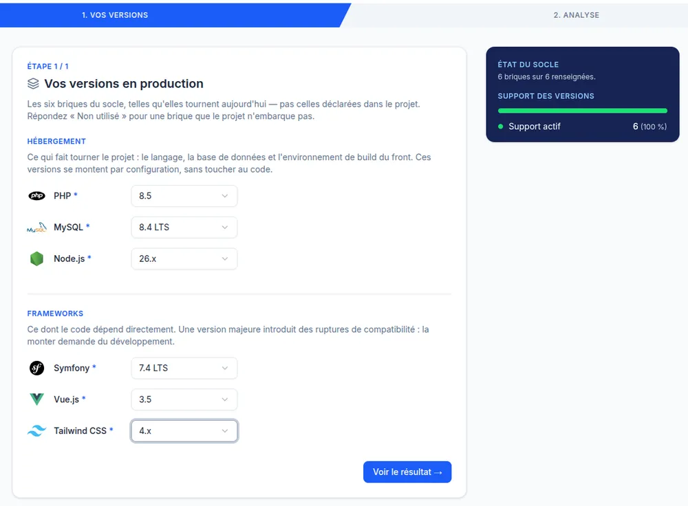 Outil d'analyse de montée de version : les six briques du socle renseignées, PHP, MySQL, Node.js, Symfony, Vue.js et Tailwind, avec l'état du support de chacune