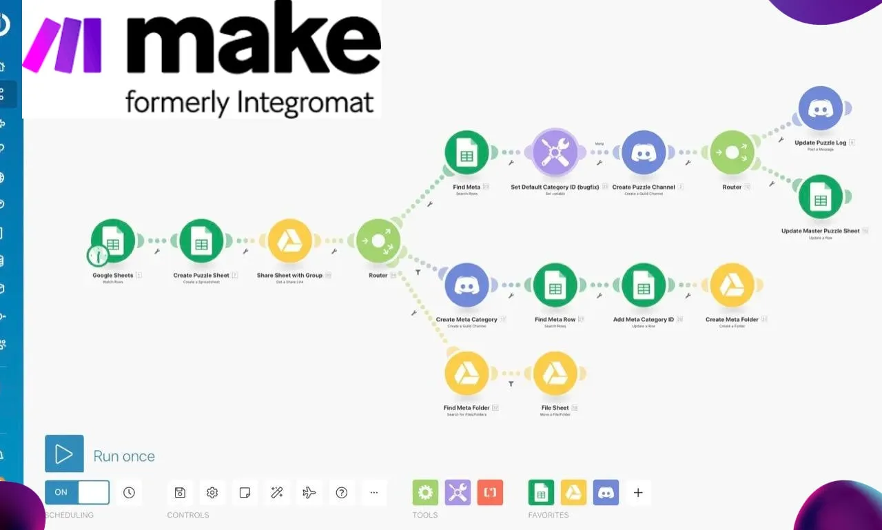 Interface Make : éditeur de scénario visuel avec modules connectés en flowchart et routeur