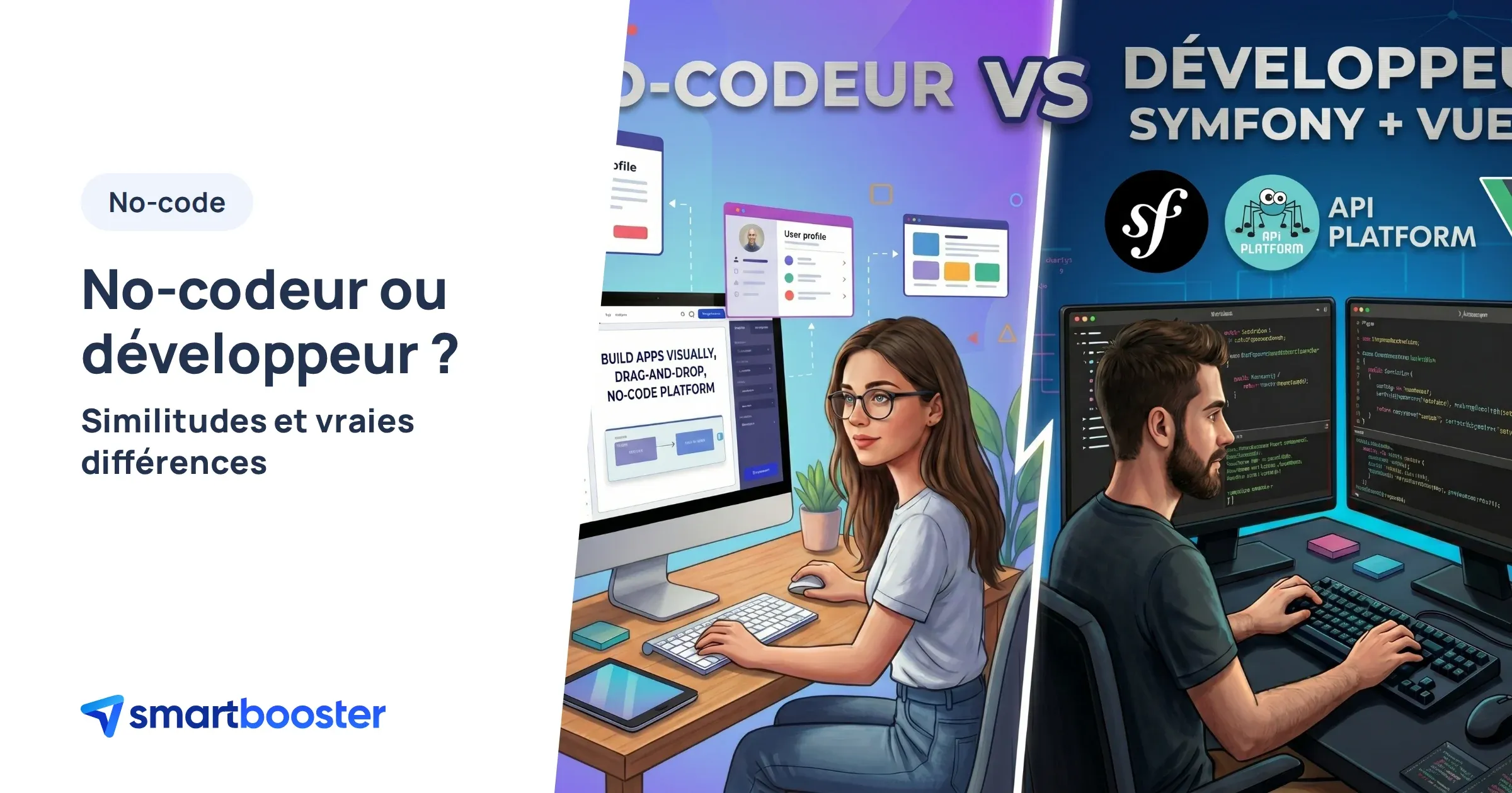 Illustration comparant le travail d'un no-codeur et celui d'un développeur