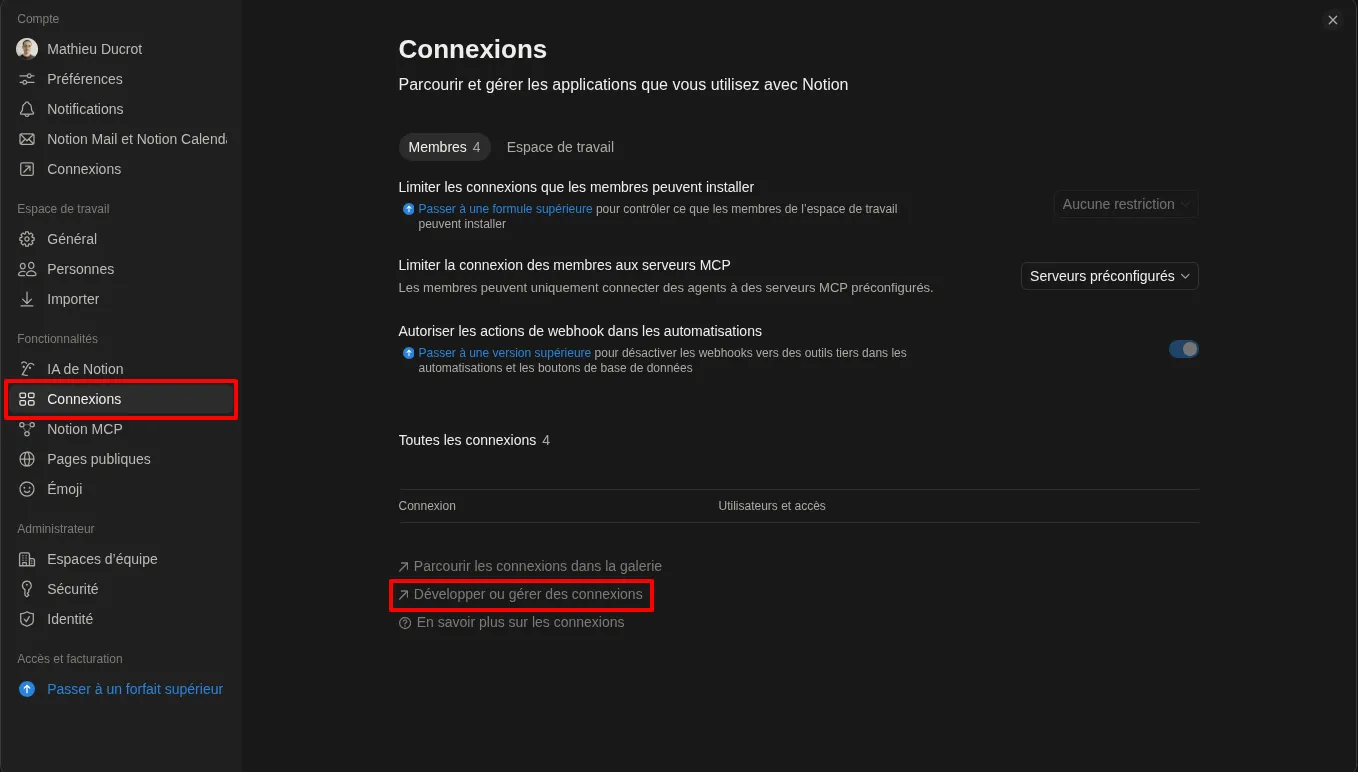 Notion accès à l'écran des integrations pour gérer ses tokens