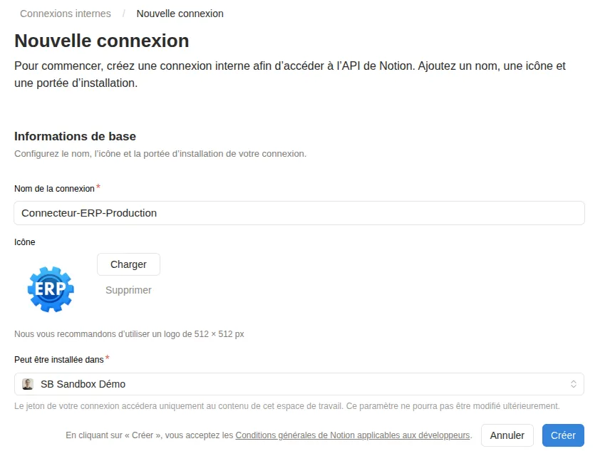 Notion formulaire de création de token d'intégration